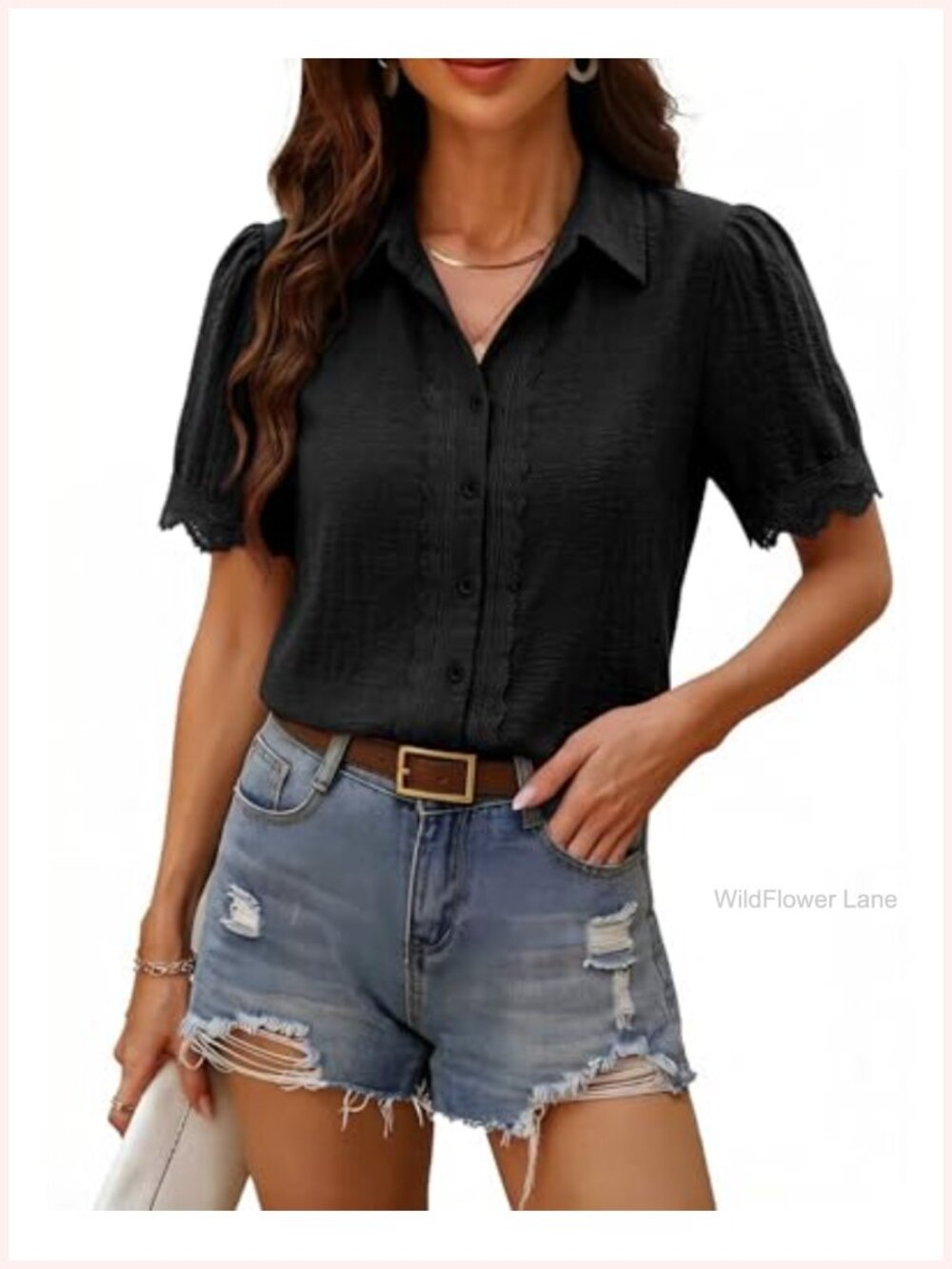Women's Short Sleeve Button Down Lace Trim Blouse